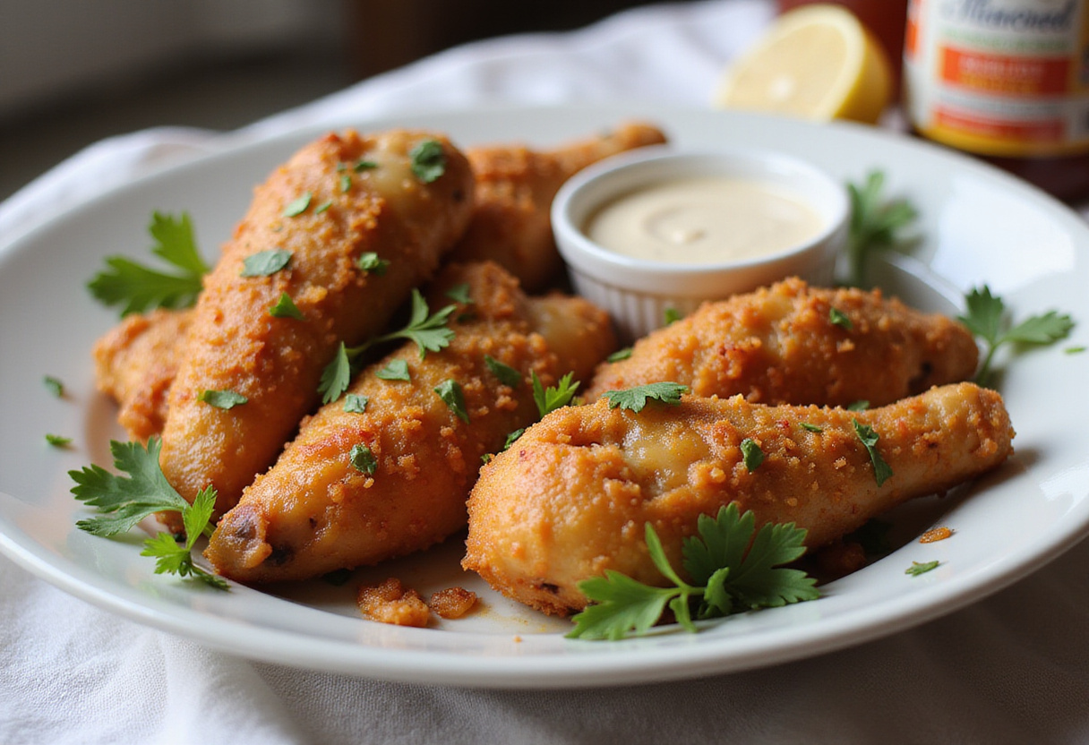 Delicious baked crunchy hot honey chicken served on a plate, garnished with parsley, showcasing the final presentation of the savory recipe.