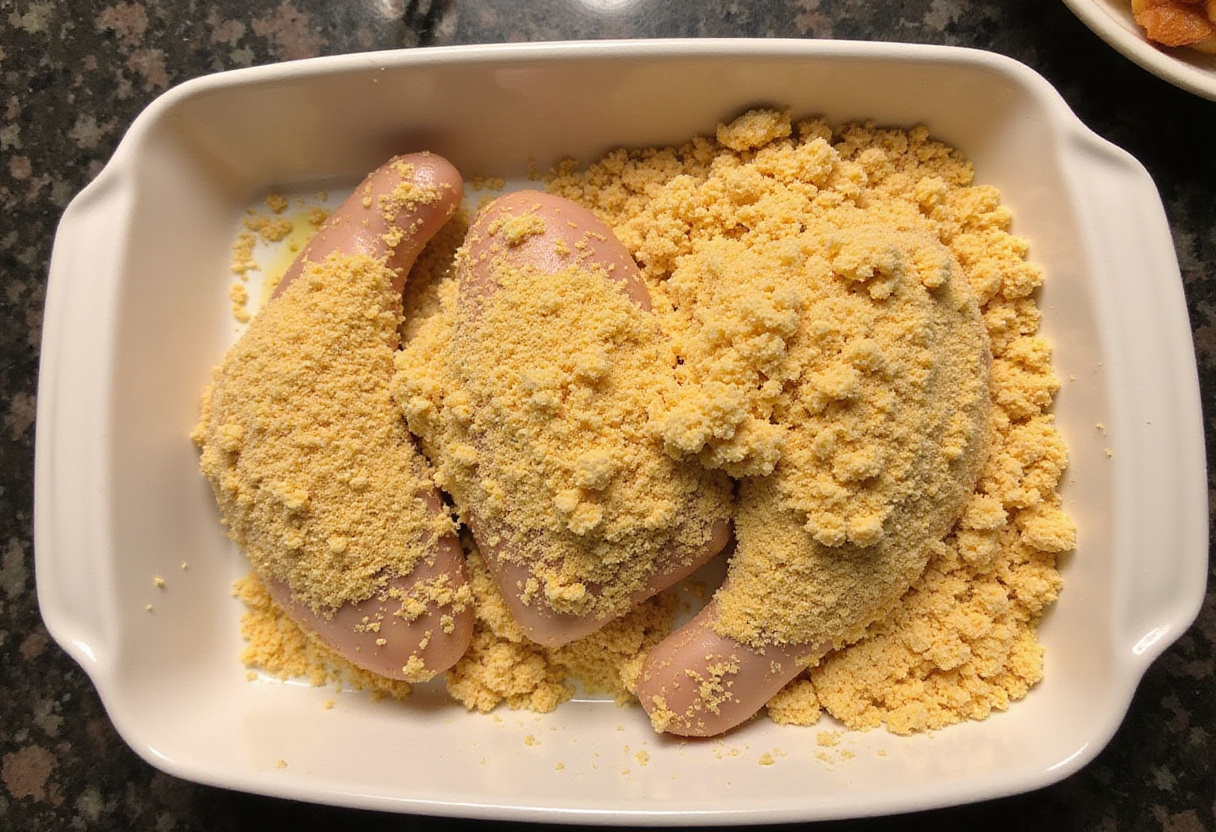 Baked Crunchy Hot Honey Chicken steps showing chicken coated in panko breadcrumbs and cornmeal, highlighting the crunchy texture for the recipe.