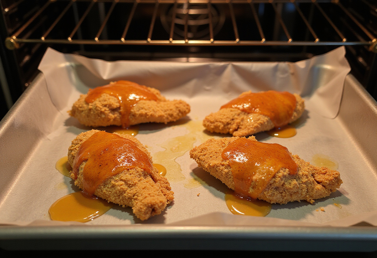 Baked Crunchy Hot Honey Chicken preparation in a baking tray with drizzle of hot honey, focusing on the crispy breading and preparation for baking.