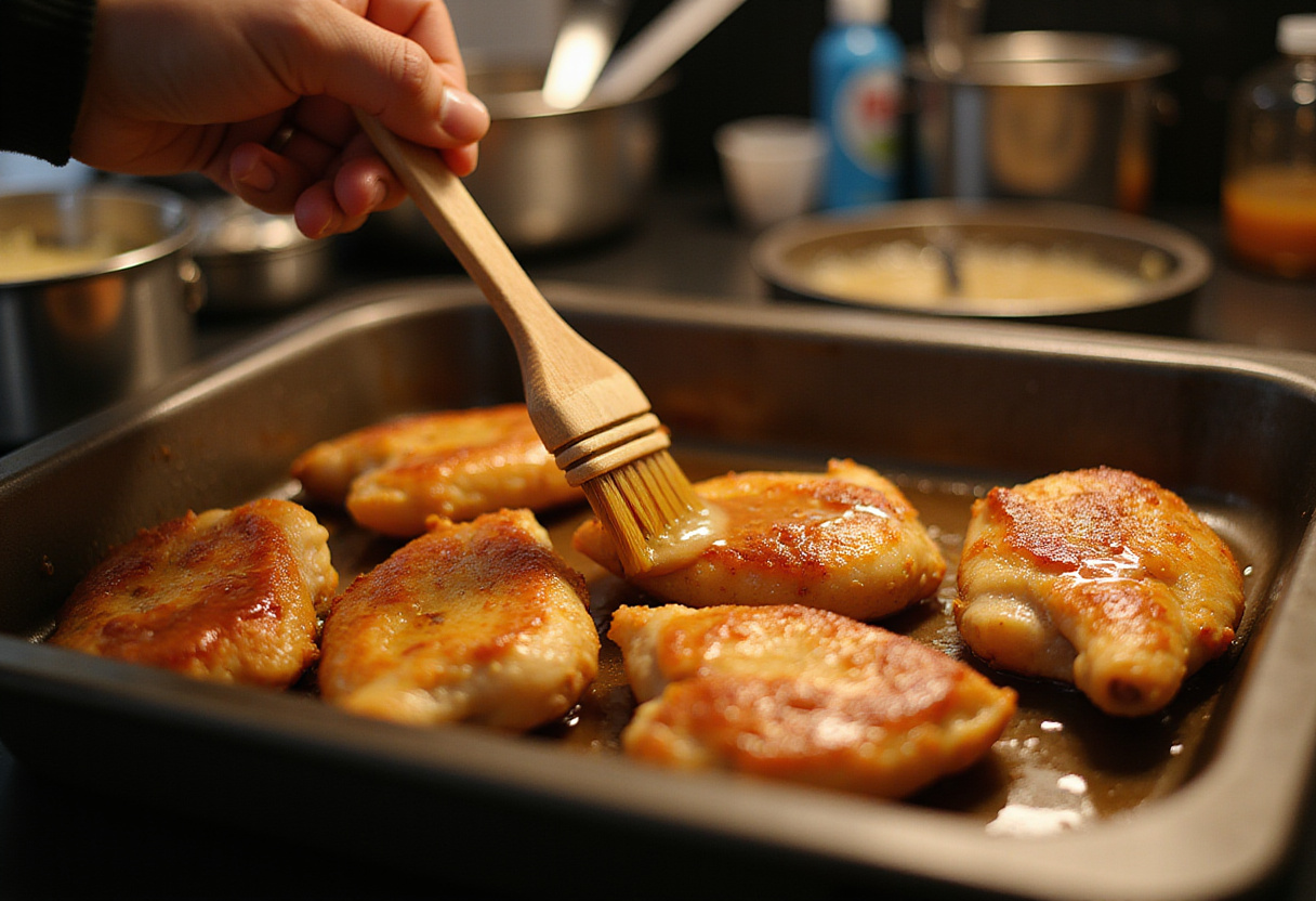 Baked Crunchy Hot Honey Chicken just out of the oven, brushed with hot honey, showcasing the perfect golden-brown crispy exterior.