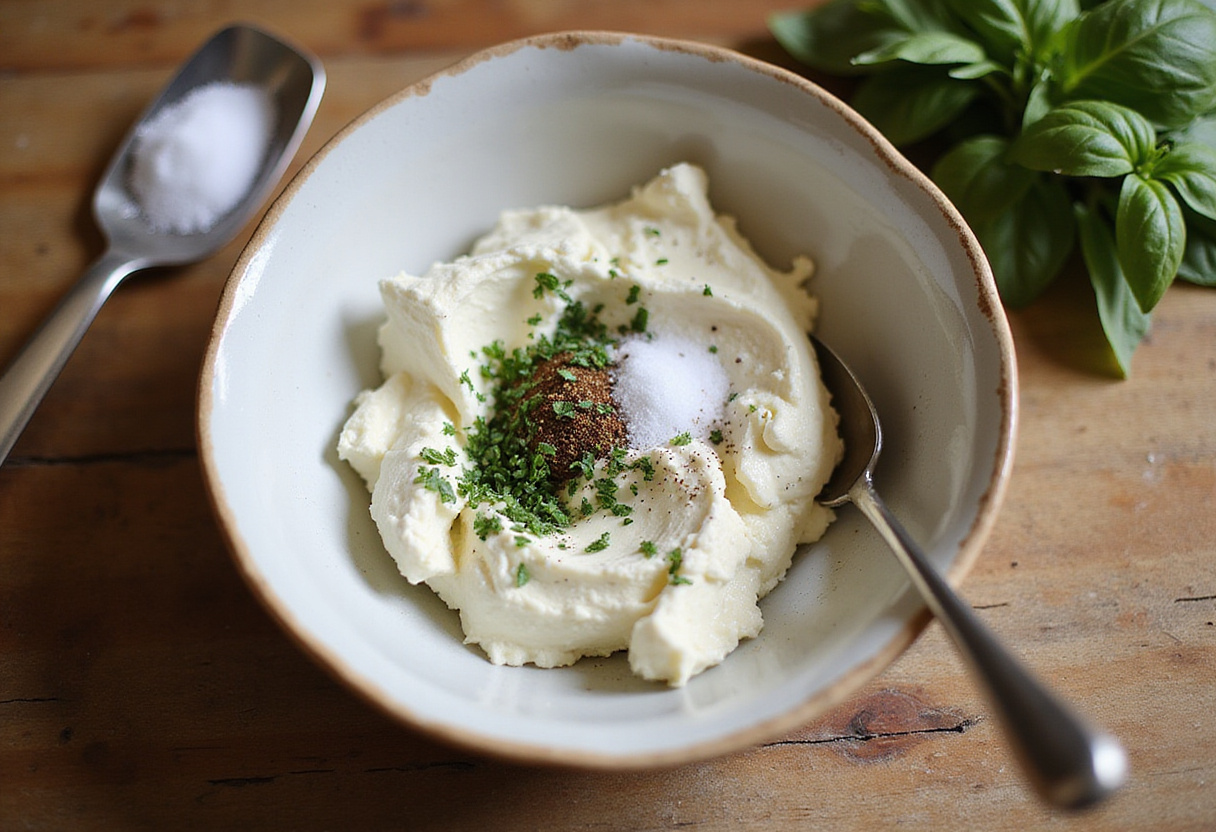 Mixing creamy ricotta with fresh herbs for Baked Ricotta Chicken, adding flavor and freshness.