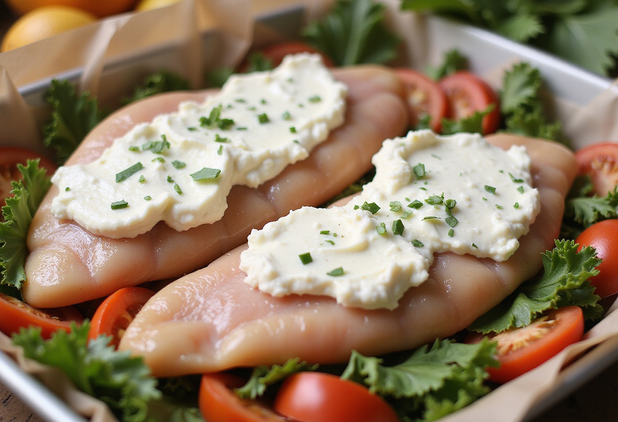 Preparing chicken breasts for Baked Ricotta Chicken with a delicious ricotta and herb topping ready for baking.