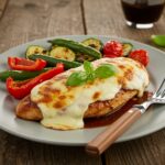 Beautifully plated balsamic baked chicken breasts with mozzarella cheese, a gourmet dish showcasing culinary art.