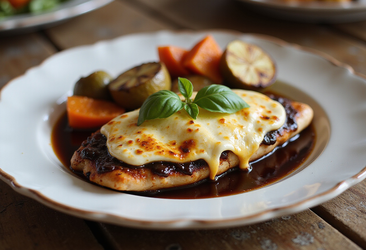 Beautifully plated balsamic baked chicken breasts with mozzarella cheese, a gourmet dish showcasing culinary art.