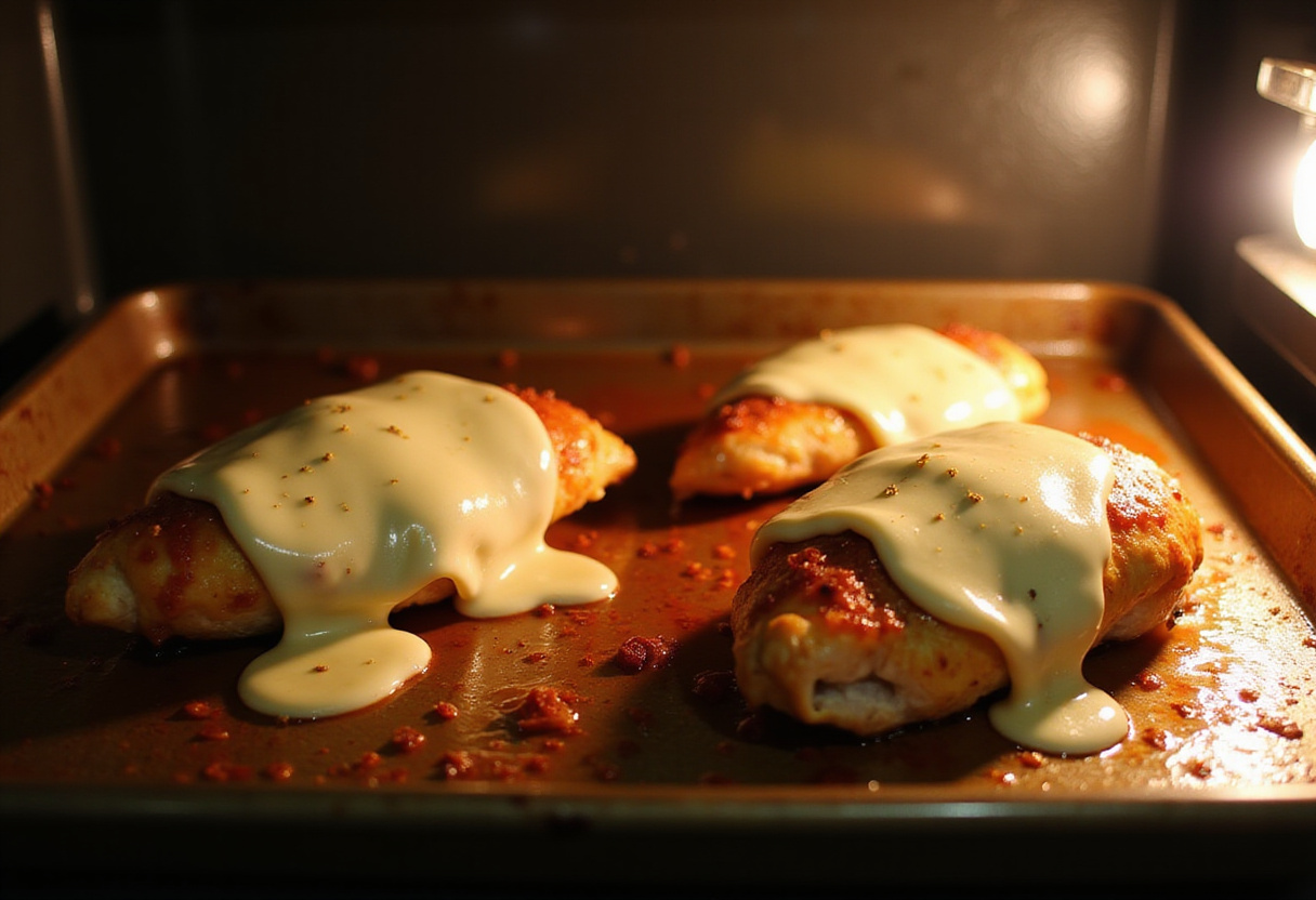 Balsamic chicken breasts with melted mozzarella cheese baking in the oven, a delicious sight of the cooking process.