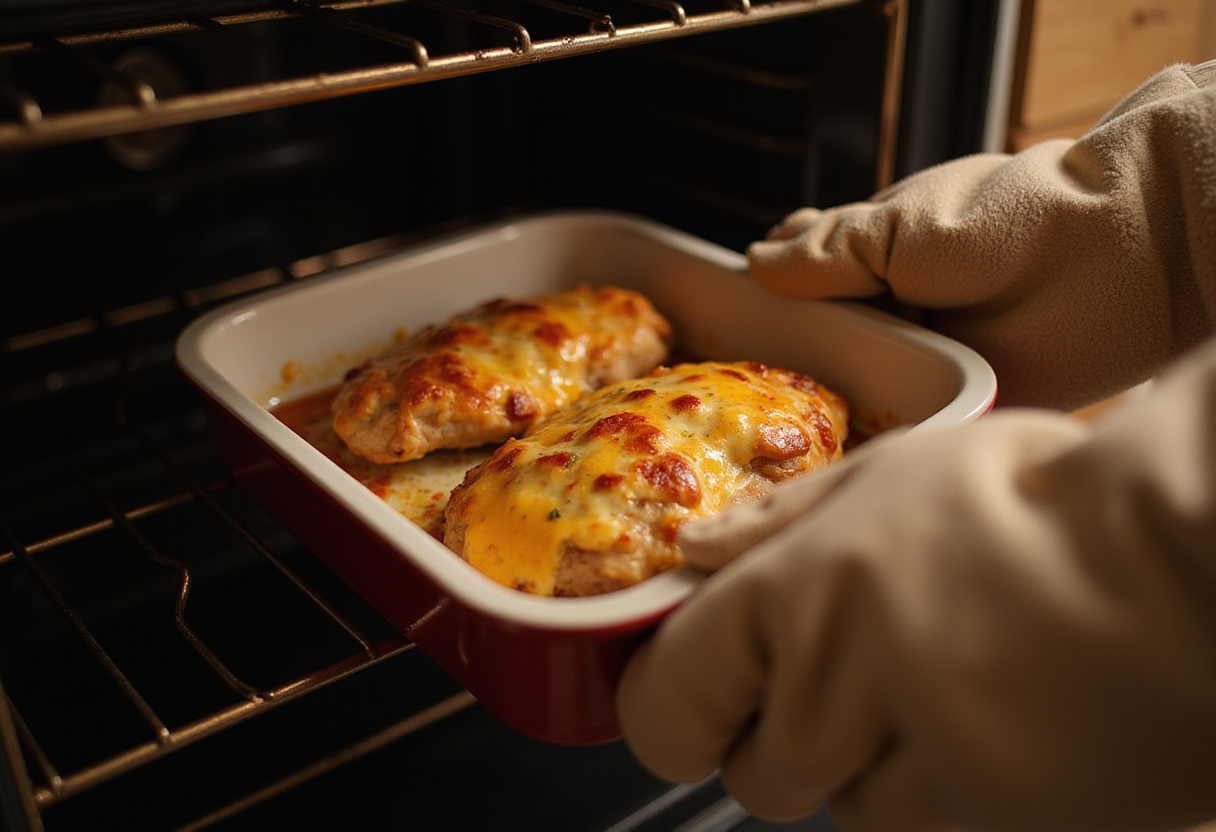 Removing the baked balsamic chicken breast with mozzarella from the oven, capturing a moment of culinary delight.