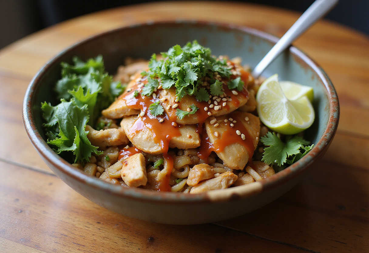 Delicious Bang Bang Chicken Bowl, colorful and appetizing with chicken, vegetables, and creamy sauce.