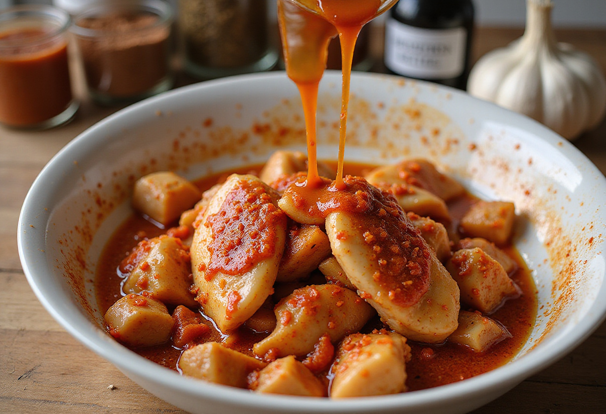 Bang Bang Chicken Bowl preparation with flavorful spices and sauces for a delicious chicken dish.