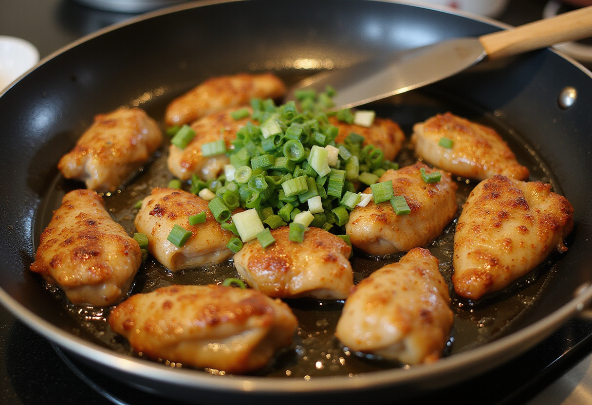 Sautéing chicken pieces for Bang Bang Chicken Bowl to achieve the perfect golden brown color.