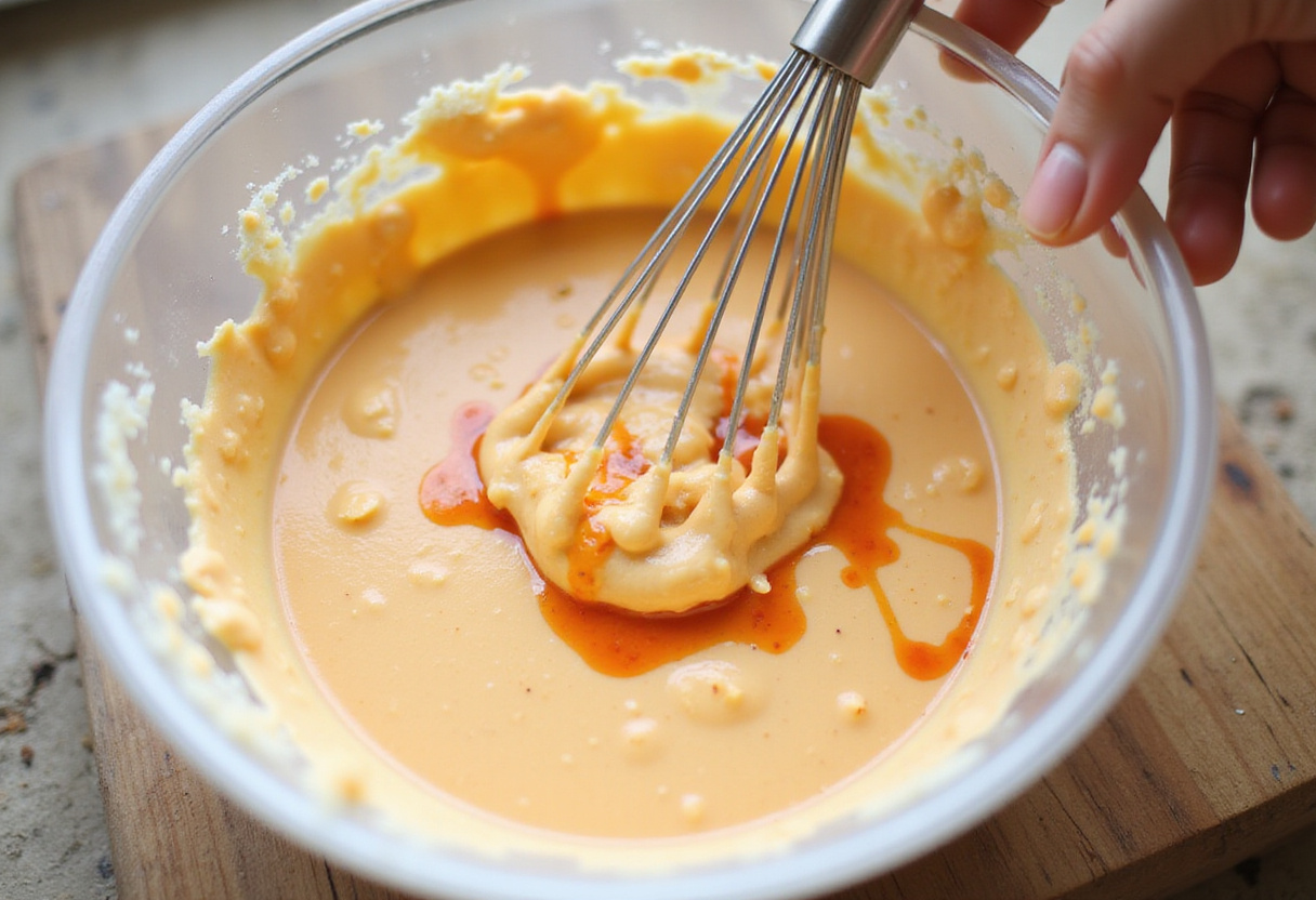 Preparing the creamy sauce for Bang Bang Chicken Bowl with mayonnaise and sweet chili sauce.