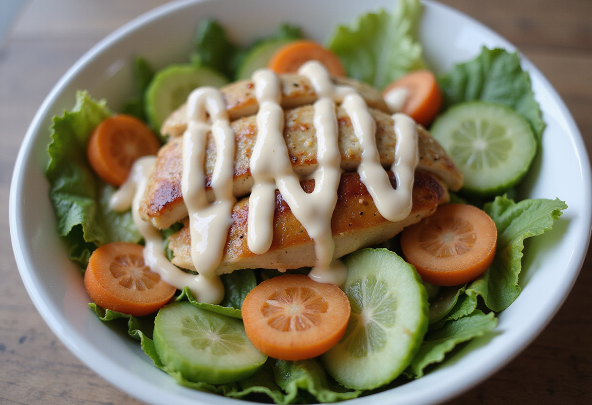 Assembling the vibrant Bang Bang Chicken Bowl with fresh vegetables and delicious chicken topped with sauce.