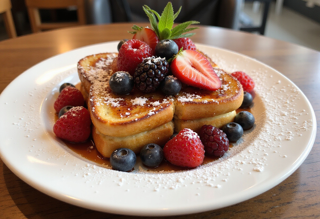 Deliciously presented Best Crème Brûlée French Toast with berries, featuring a golden caramelized sugar crust, perfect for breakfast.