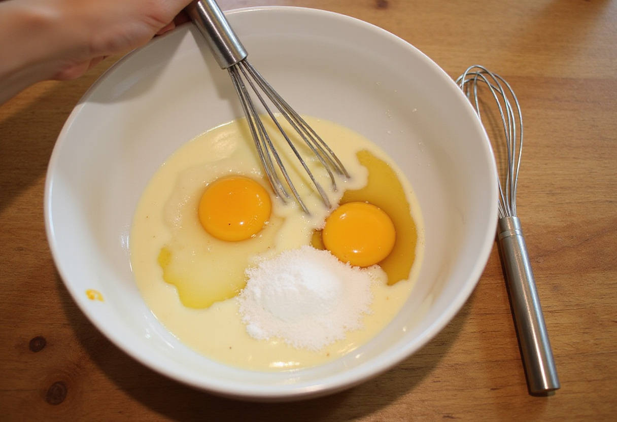 Preparing the custard mixture for the Best Crème Brûlée French Toast, featuring eggs, cream, and vanilla flavor.
