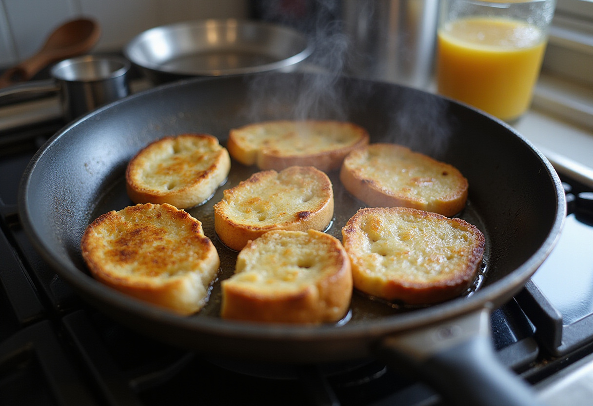 Cooking crispy Crème Brûlée French Toast in a frying pan, showcasing a delicious golden fry that creates a perfect texture.