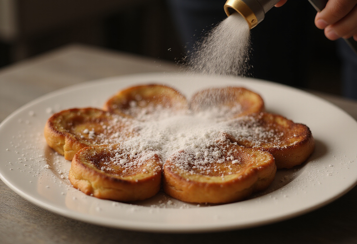 Adding finishing touches with sugar for the perfect caramelized crust on Crème Brûlée French Toast, emphasizing the classic dessert twist.