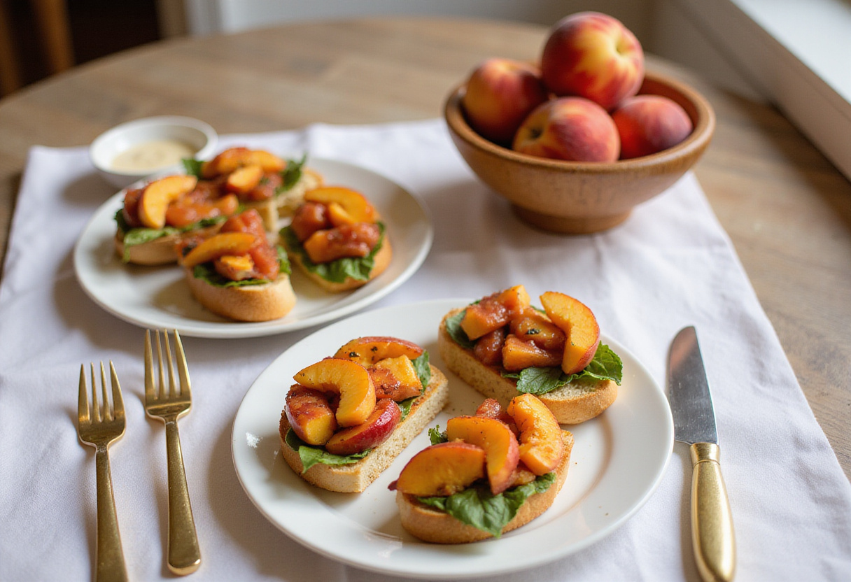 Final presentation of best peach bruschetta with whipped ricotta, featuring a rustic table setting that enhances the dish's appeal.