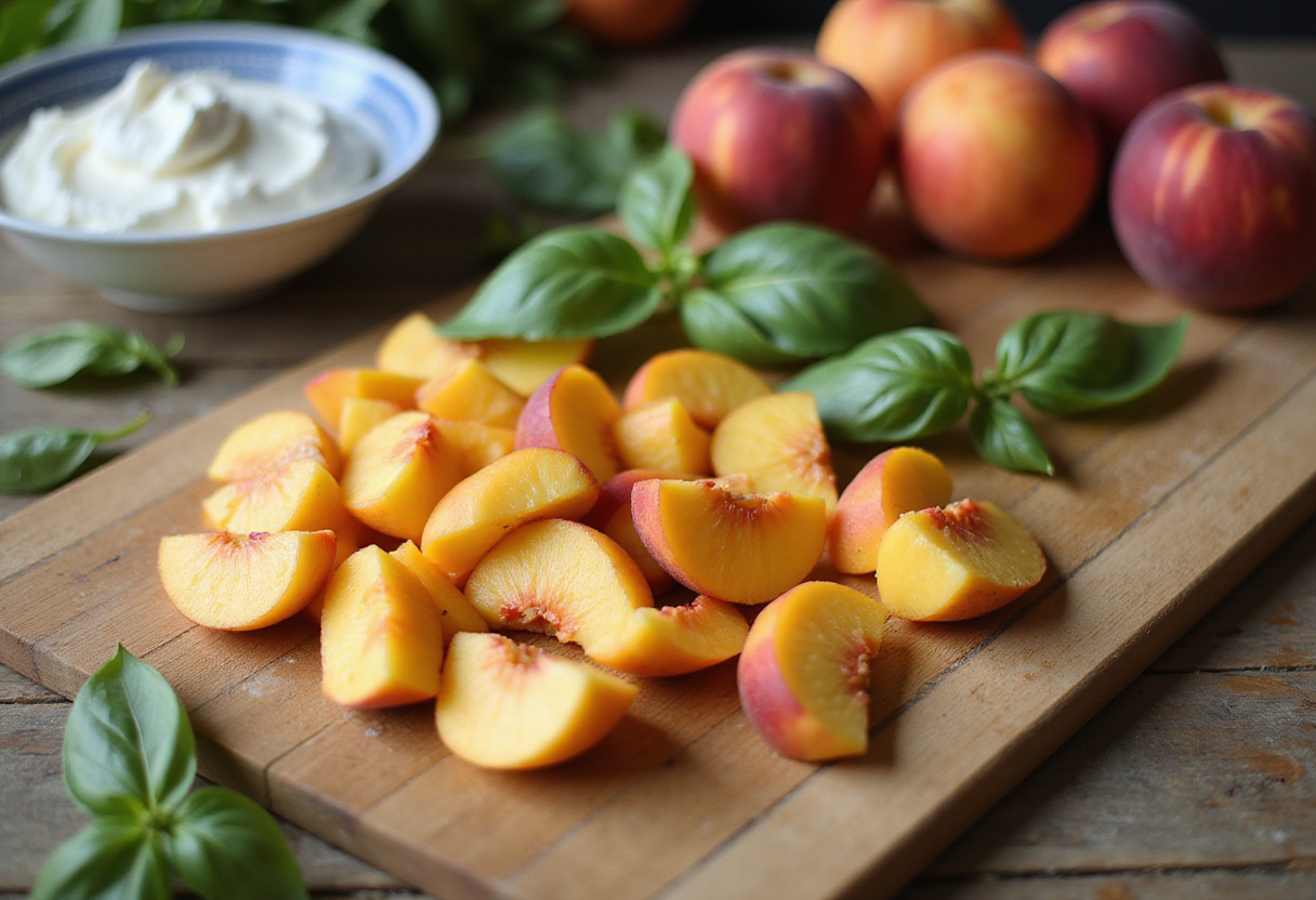 Slicing ripe peaches for the best peach bruschetta recipe, featuring fresh ingredients like basil and whipped ricotta.