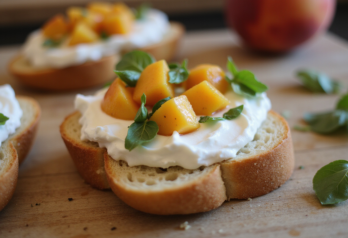 Toasting baguette slices for peach bruschetta, showcasing whipped ricotta and fresh peaches as key ingredients in preparation.