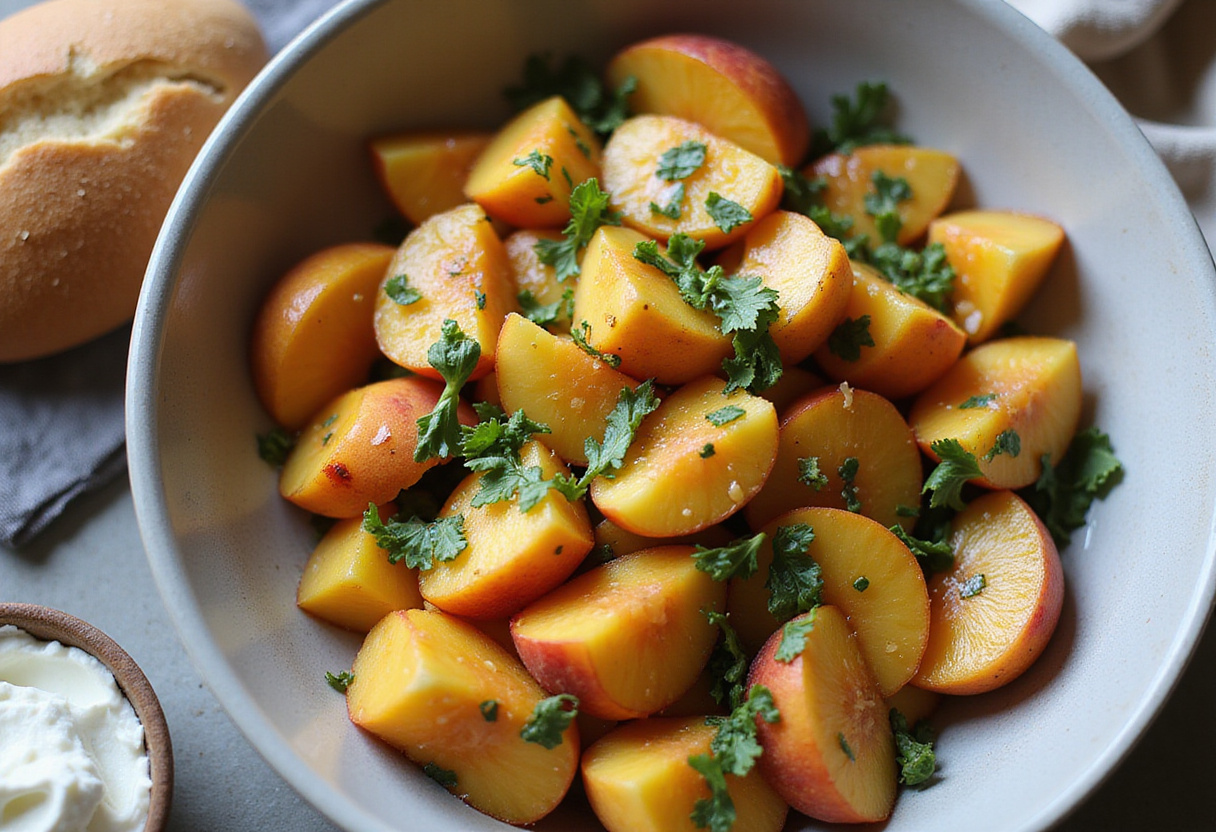 Mixing diced peaches with basil and honey for an exquisite peach bruschetta topping, ideal for a fresh appetizer.