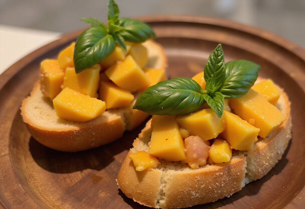 Serving fresh peach bruschetta with whipped ricotta on a wooden platter, highlighting the vibrant colors and textures of the ingredients.
