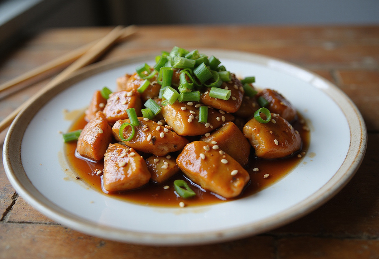 Final presentation of Better-Than-Takeout Honey Garlic Chicken Stir-Fry served on a plate with rice and garnishes.