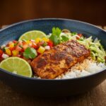 Final presentation of blackened fish taco bowls with vibrant ingredients and garnishes, highlighting the delicious and flavorful meal.