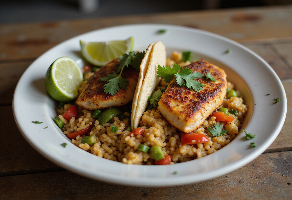 Final presentation of blackened fish taco bowls with vibrant ingredients and garnishes, highlighting the delicious and flavorful meal.