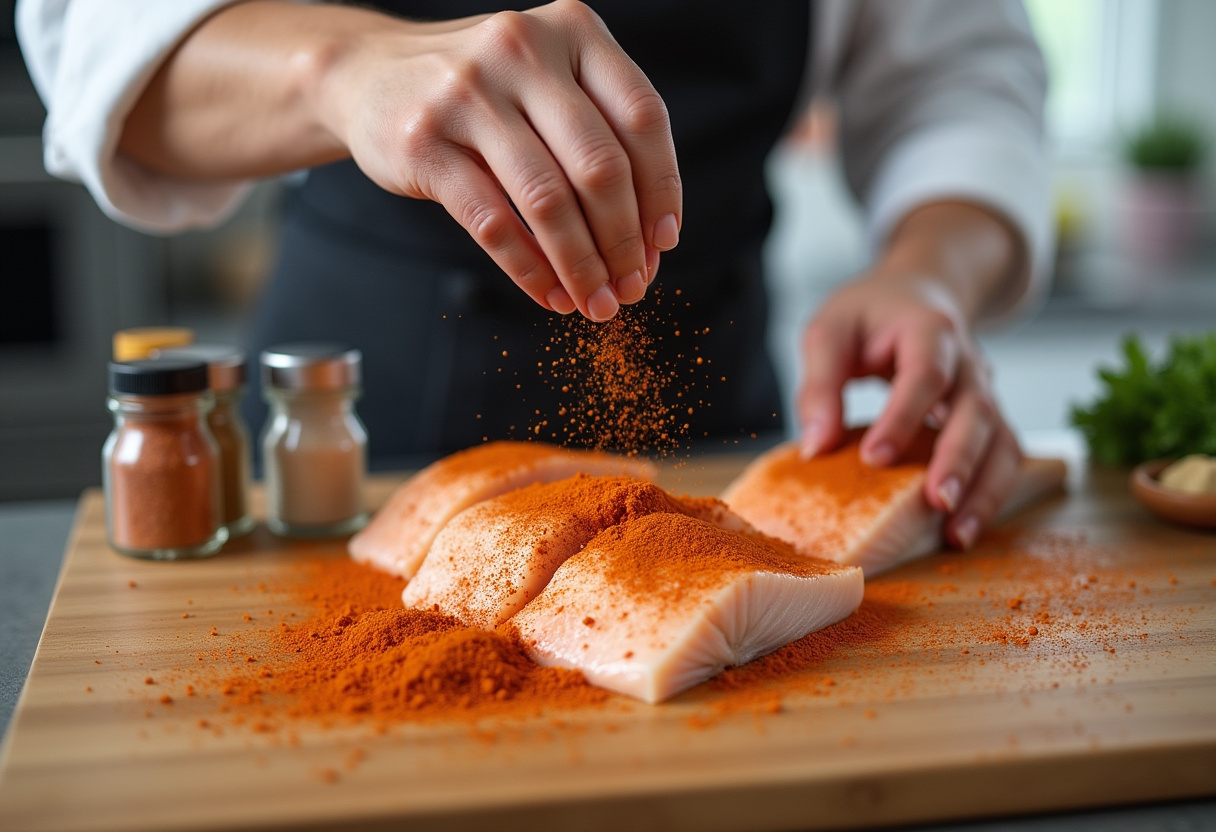 Seasoning fish fillets with bold spices for blackened fish taco bowls, vibrant spices on a kitchen countertop.