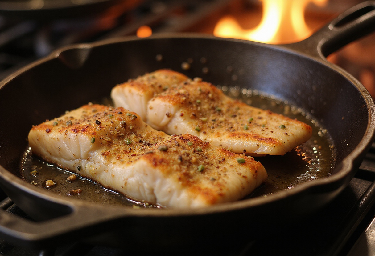 Sizzling seasoned fish fillets in a cast-iron skillet, creating a smoky and flavorful dish for taco bowls.