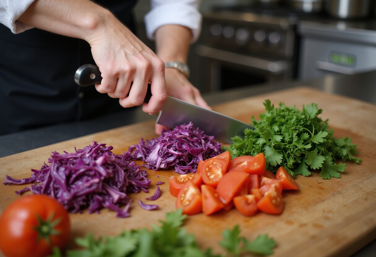 Chopping fresh vegetables for taco bowls, including red cabbage and tomatoes, showcasing vibrant colors for a delicious meal.