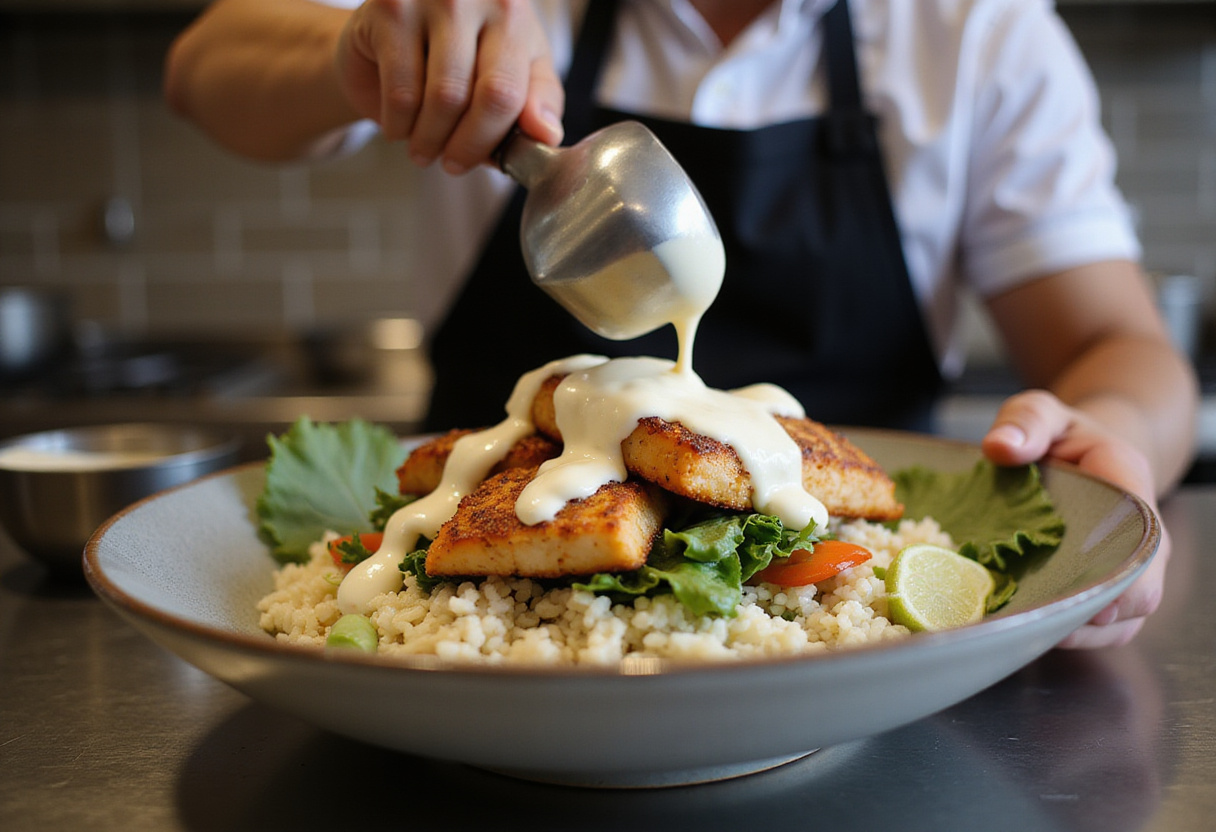 Assembling blackened fish taco bowls with rice and fresh vegetables, creating an eye-catching and flavorful presentation.