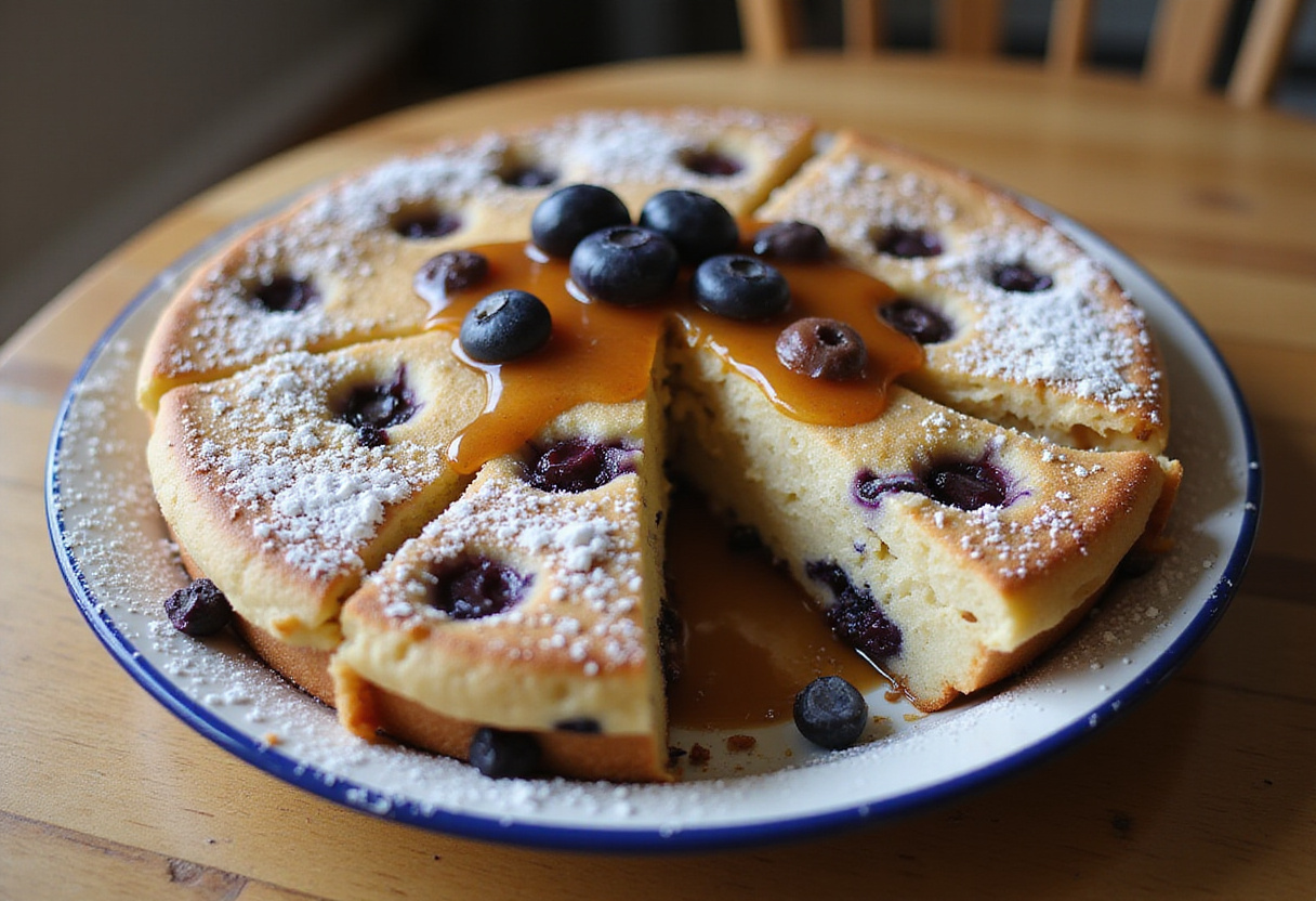 Delicious Blueberry Buttermilk Pancake Casserole served on a table, showcasing its fluffy layers and blueberry filling, perfect for brunch.