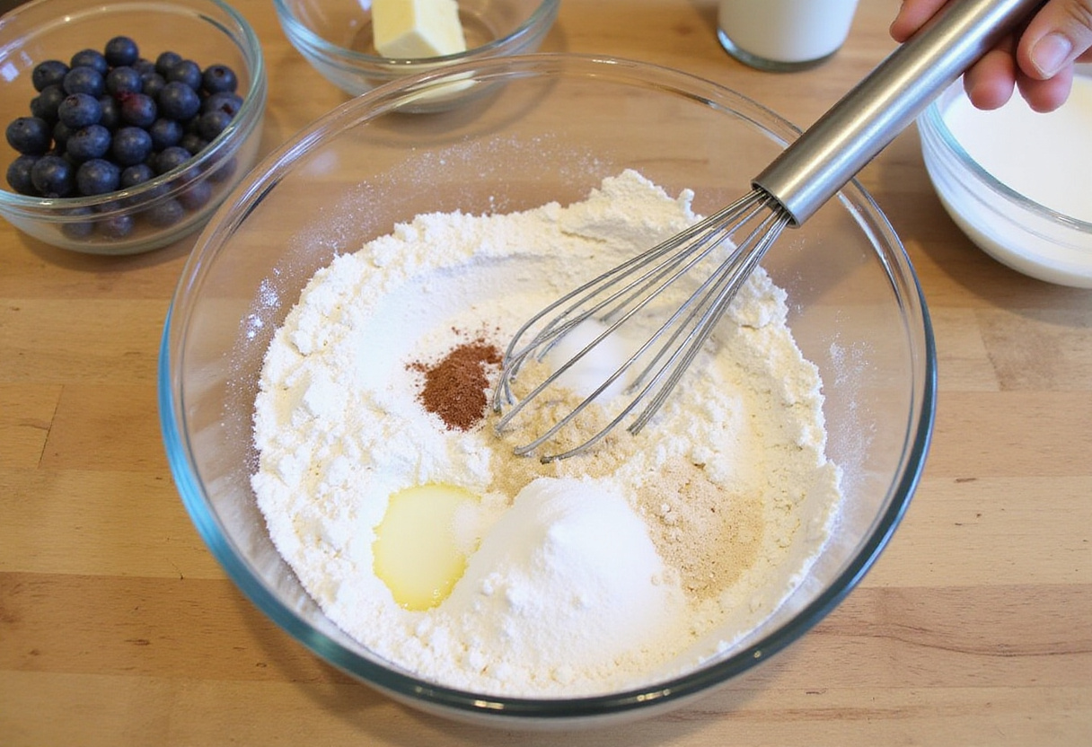 Blueberry Buttermilk Pancake Casserole ingredients being mixed in a bowl, featuring flour, sugar, and fresh blueberries.