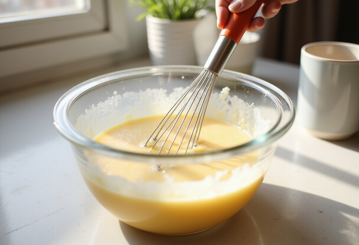 Mixing buttermilk and eggs in a bowl for Blueberry Buttermilk Pancake Casserole, highlighting the creamy texture of the mixture.