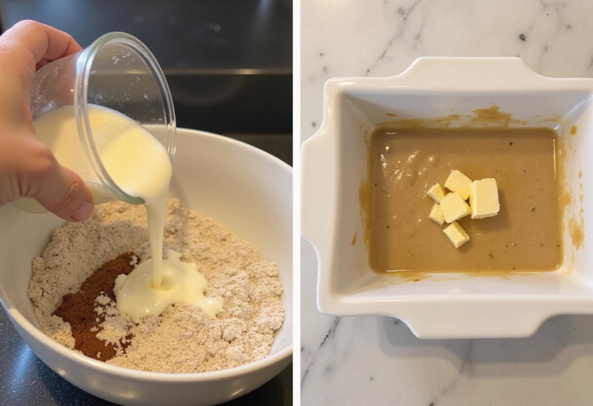 Combining wet and dry ingredients for Blueberry Buttermilk Pancake Casserole, showcasing the batter before adding to the baking dish.