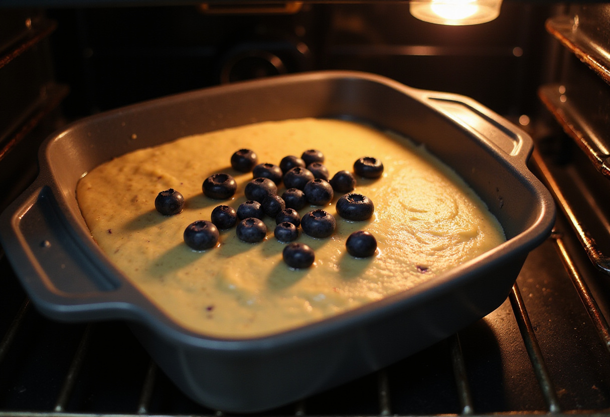 Baking the Blueberry Buttermilk Pancake Casserole in the oven, showing the dish filled with blueberry-studded batter.