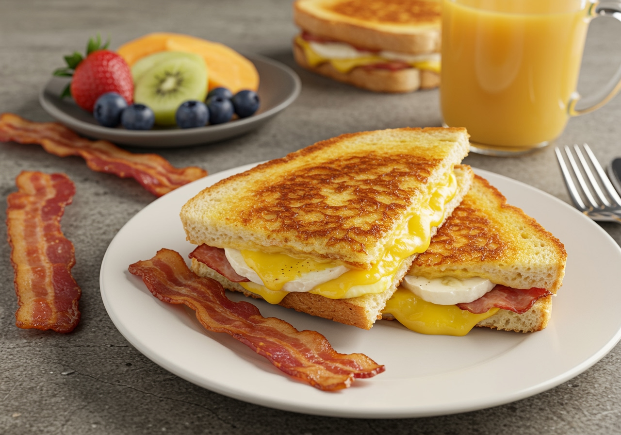 Final result of a delectable Breakfast Grilled Cheese, paired perfectly with bacon and fruit for a satisfying breakfast.