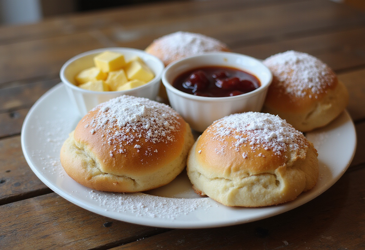 Delicious final presentation of breakfast rolls with powdered sugar, served with jam and butter, ideal for a morning treat.