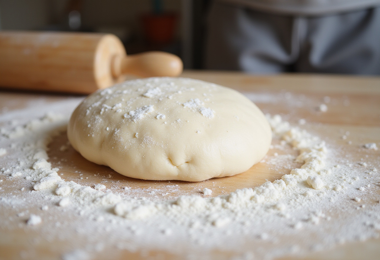 Kneading soft dough for breakfast rolls on a floured surface, highlighting the texture and freshness of the ingredients.