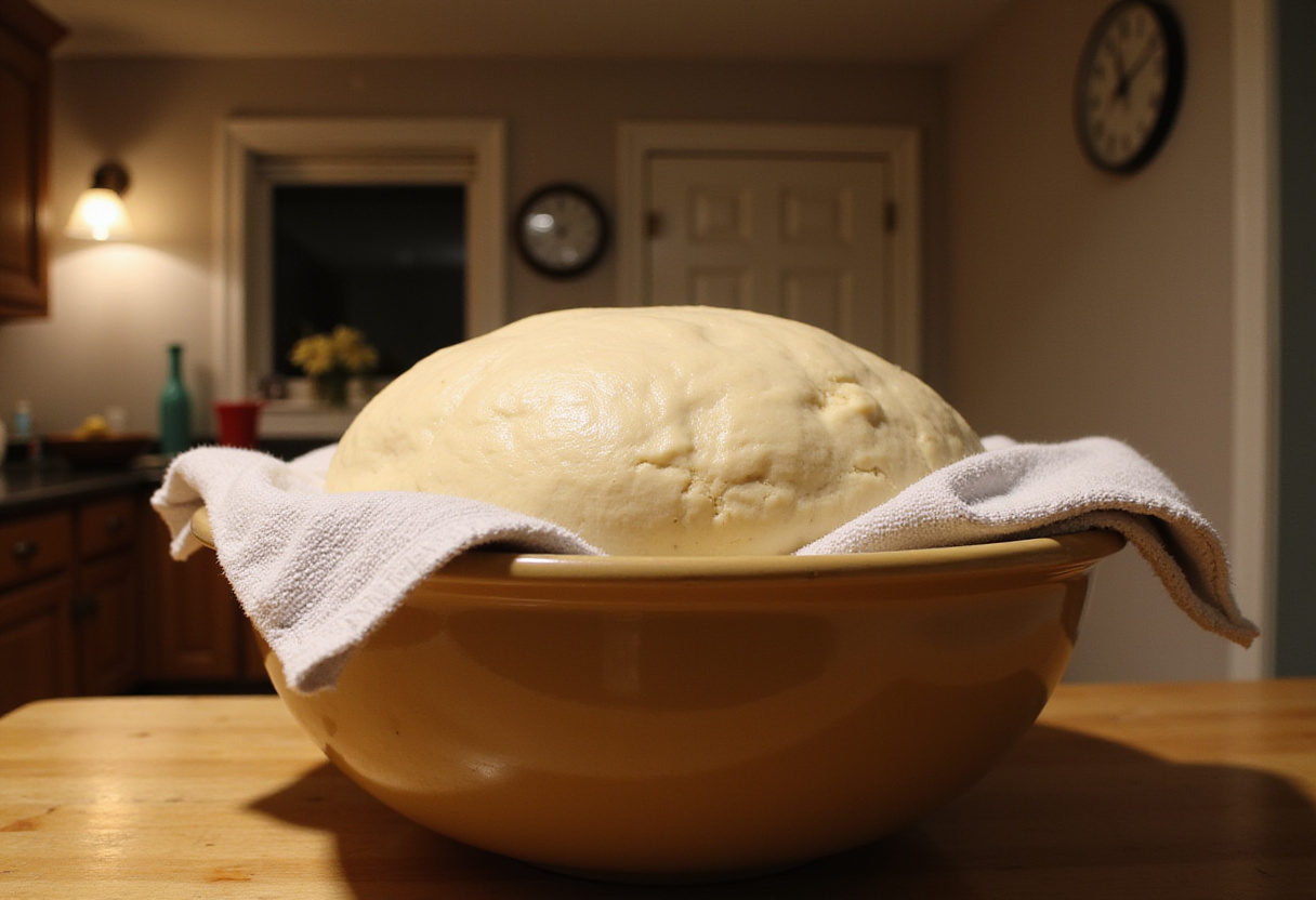 Dough rising in a bowl for breakfast rolls, emphasizing the importance of fermentation in baking, set in a charming kitchen.