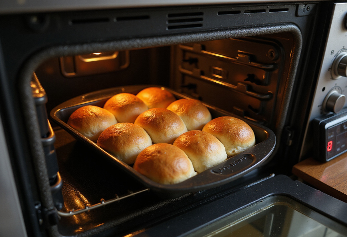 Golden-brown breakfast rolls baking in the oven, capturing the anticipation of a delicious homemade treat.