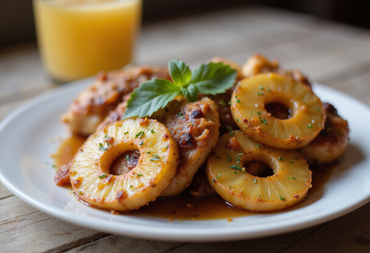 Delicious brown sugar pineapple chicken served on a plate, highlighting the sweet and savory flavors of this mouthwatering dish.