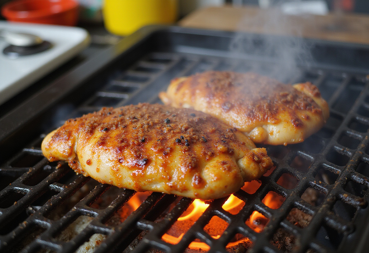 Grilling marinated chicken for brown sugar pineapple chicken, showcasing a savory and delicious meal preparation.