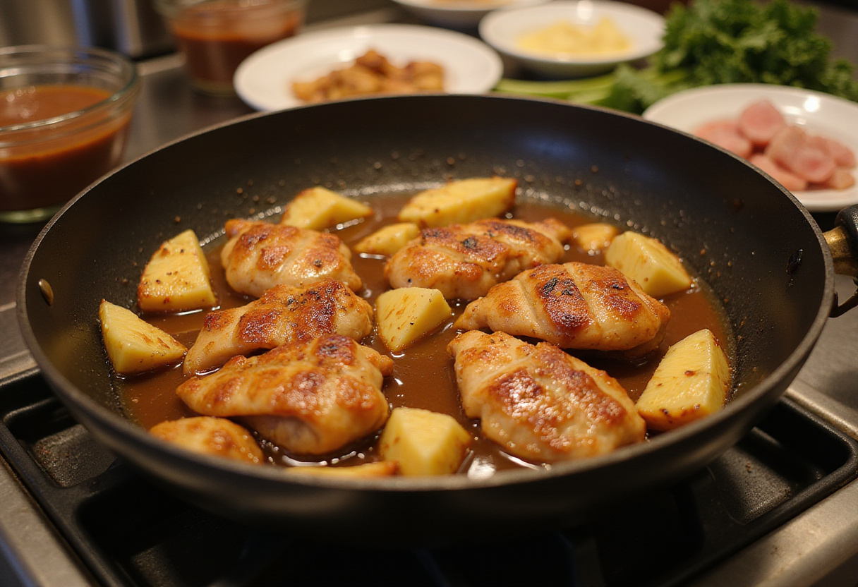 Cooking chicken with pineapple and brown sauce in a pan for delicious brown sugar pineapple chicken.