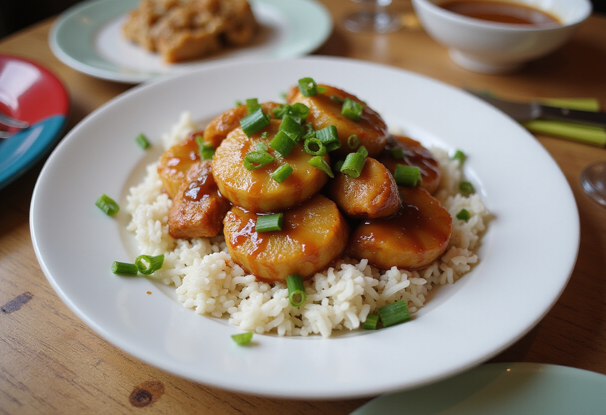 Plated brown sugar pineapple chicken with rice, garnished with green onions, creating a delicious meal presentation.