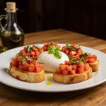 Final presentation of Burrata Bruschetta, showcasing its delicious creaminess and vibrant colors, perfect for sharing.
