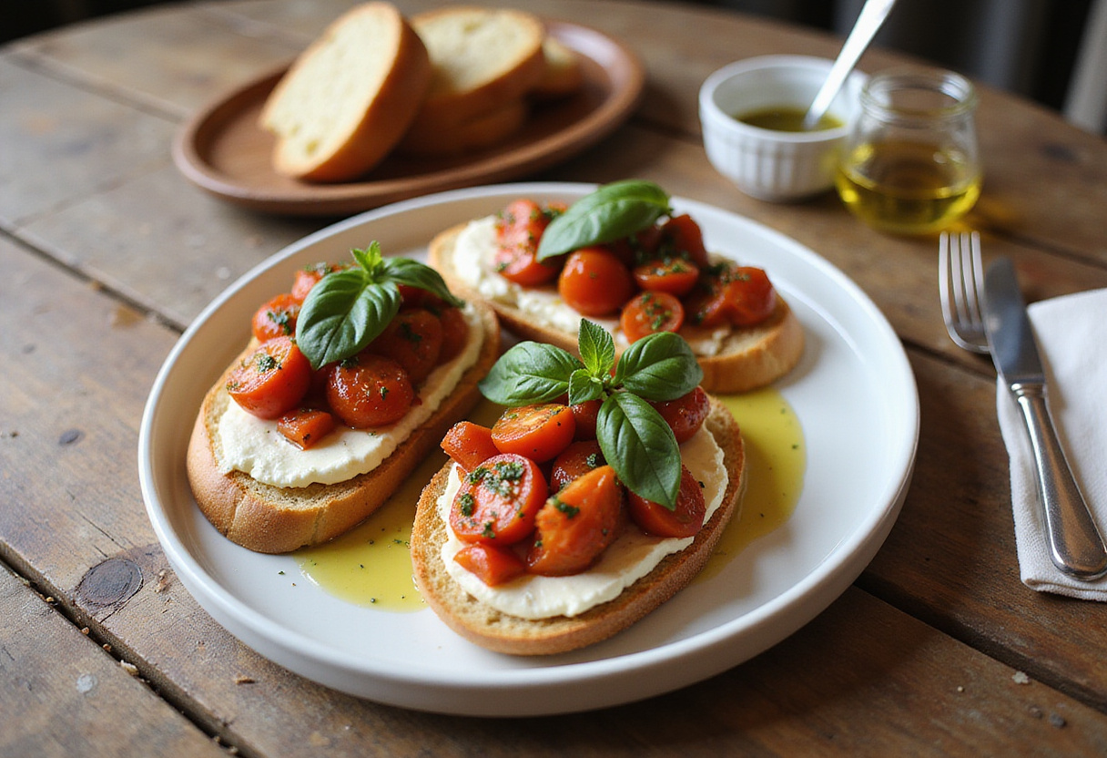 Final presentation of Burrata Bruschetta, showcasing its delicious creaminess and vibrant colors, perfect for sharing.