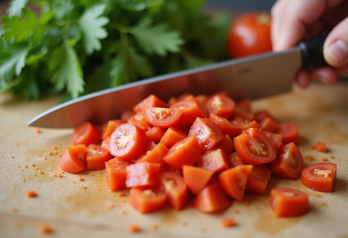 Chopped ripe tomatoes for Burrata Bruschetta, showcasing fresh ingredients and vibrant colors.