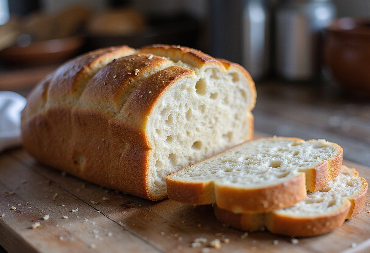 Sliced ciabatta bread prepared for Burrata Bruschetta, highlighting the rustic appeal and texture of the bread.
