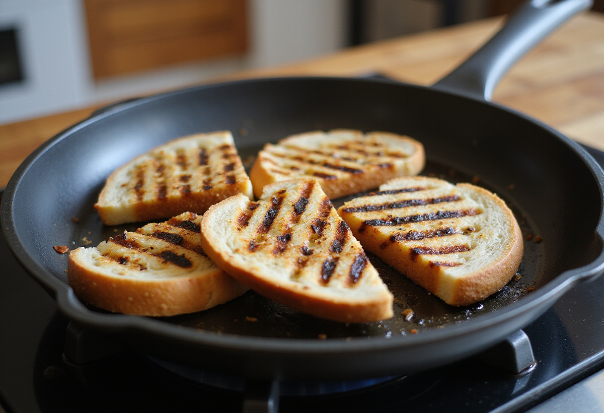 Toasting ciabatta bread for Burrata Bruschetta, showcasing the process of grilling for the perfect texture.